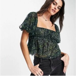 Free People Penelope Black and Green Sheer Floral Blouse